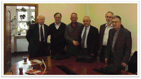 Figure 4:     Academician N. N. Ponomarev-Stepnoy and Russian managers of the TOPAZ-II                     project with author, Kurchatov Institute, Moscow, Russia, April 2013.
